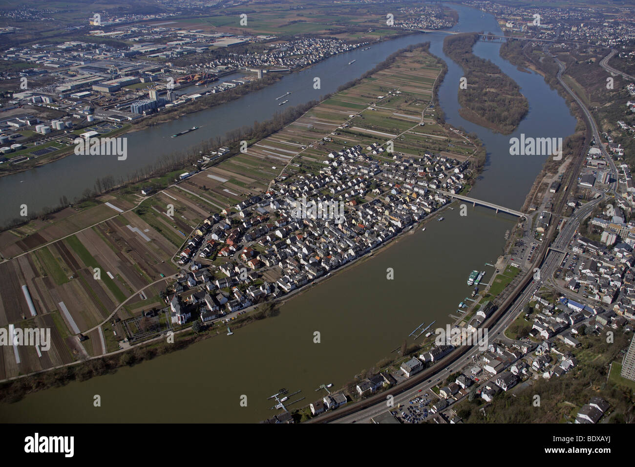 Aerial view, village of Niederwerth located on an island in the river Rhine, Rhineland-Palatinate, Germany, Europe Stock Photo