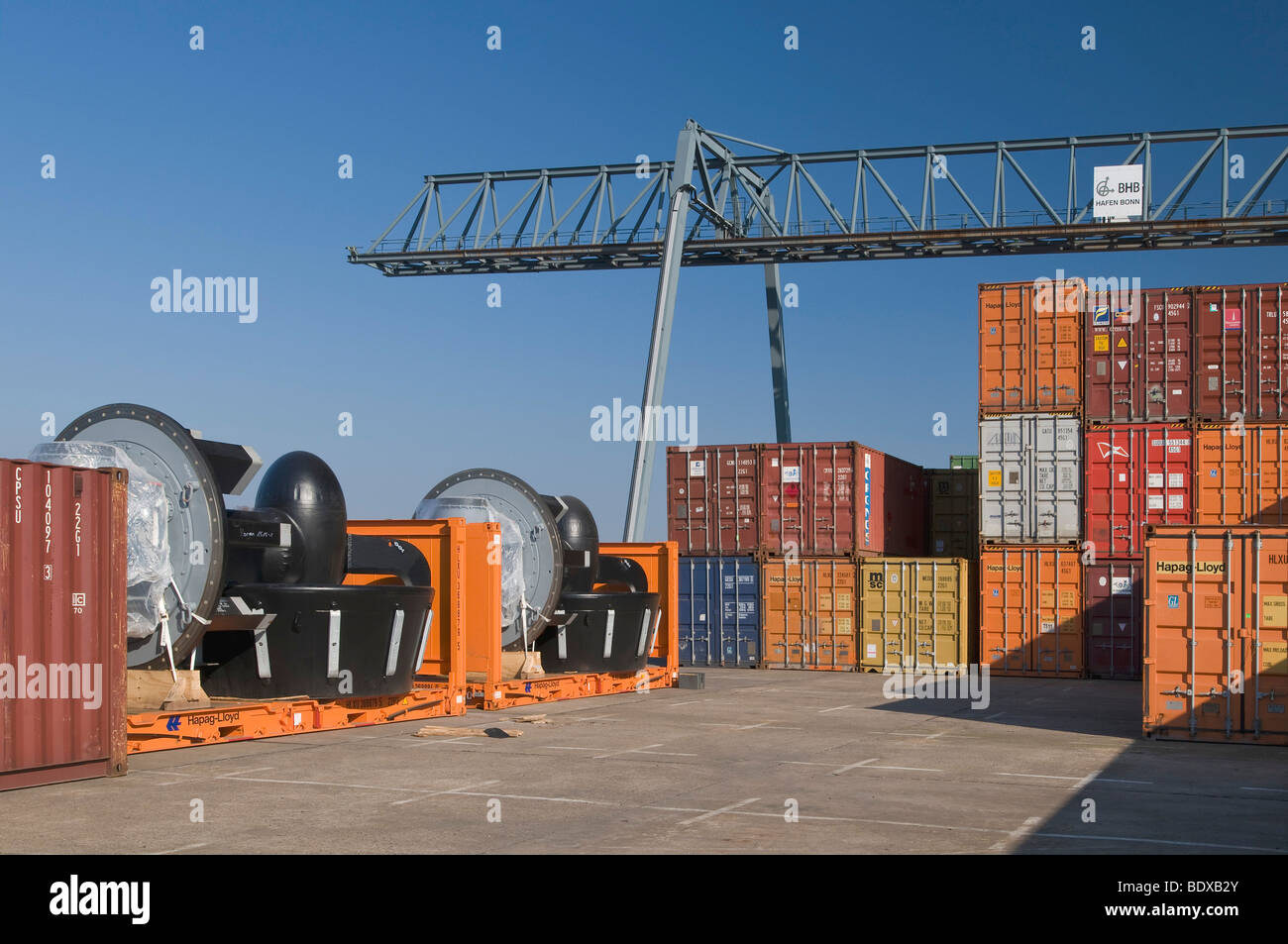 Container Terminal Bonn, containers and machine parts on flat ...
