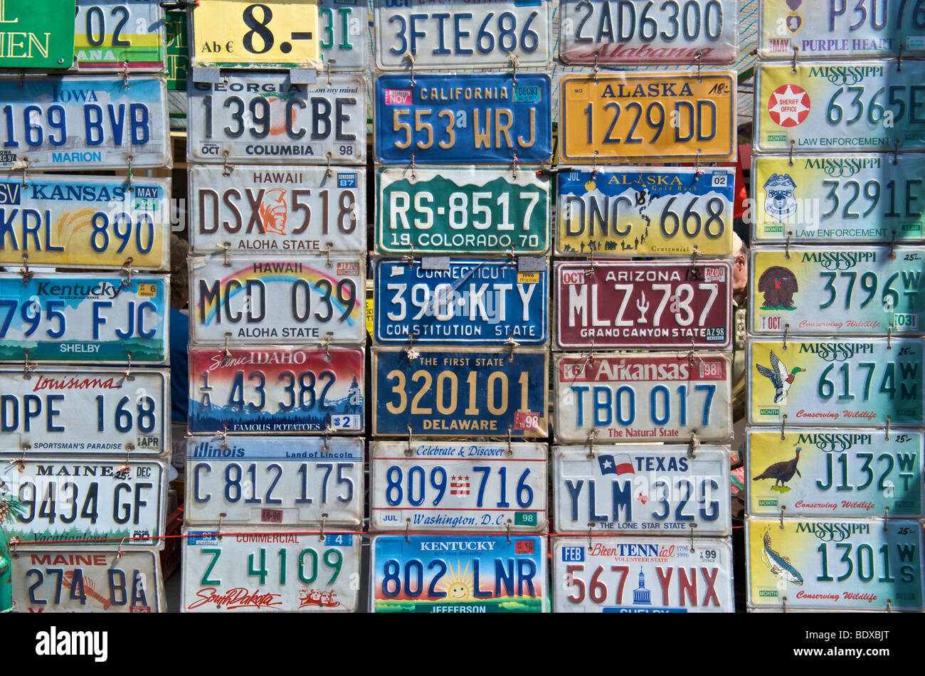 American car license plates, flea and antiques market at Naschmarkt makret, in the 6th Mariahilf district of Vienna Stock Photo