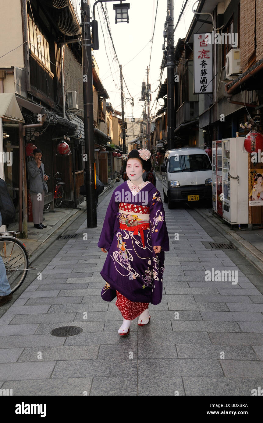 Maiko, Geisha apprentice, in a traditional street in the Gion district, Kyoto, Japan, Asia Stock Photo
