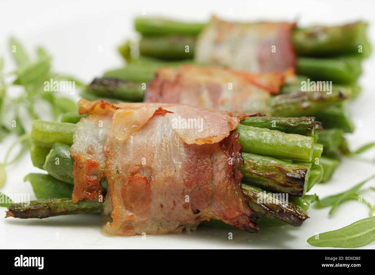 Cooked green beans, baconwrapped, fried, fresh savory Stock Photo Alamy