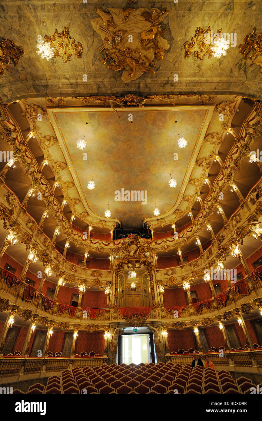 Illuminated auditorium, Cuvillies Theater, Munich, Upper Bavaria, Bavaria, Germany, Europe Stock Photo