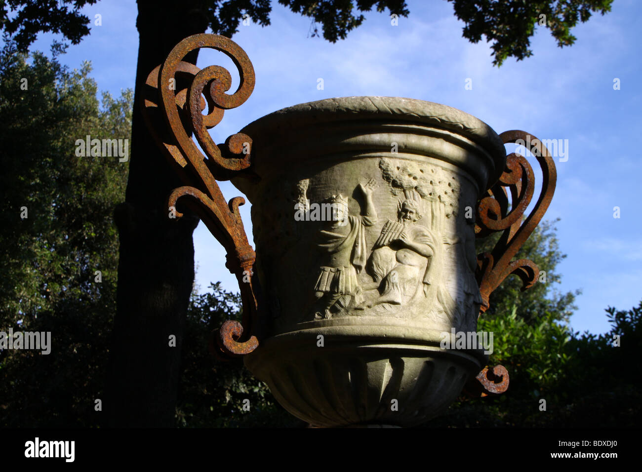 Bas relief on ancient roman vase, Quirinale gardens, Rome, Italy. Stock Photo