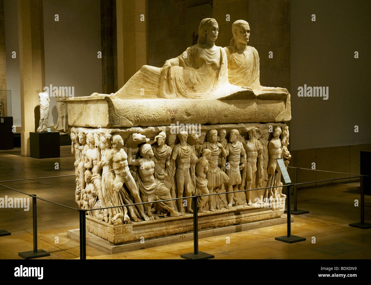 The intricately carved Legend of Achilles sarcophagus, dating from the 2nd century AD, housed in the National Museum of Beirut Stock Photo