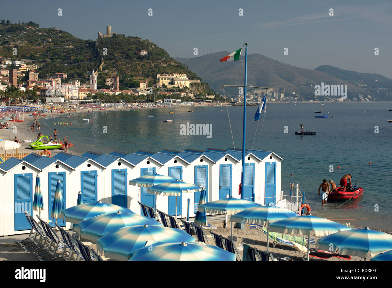 View over the beach of Noli at the Ligurian Coast, North West Italy Stock Photo