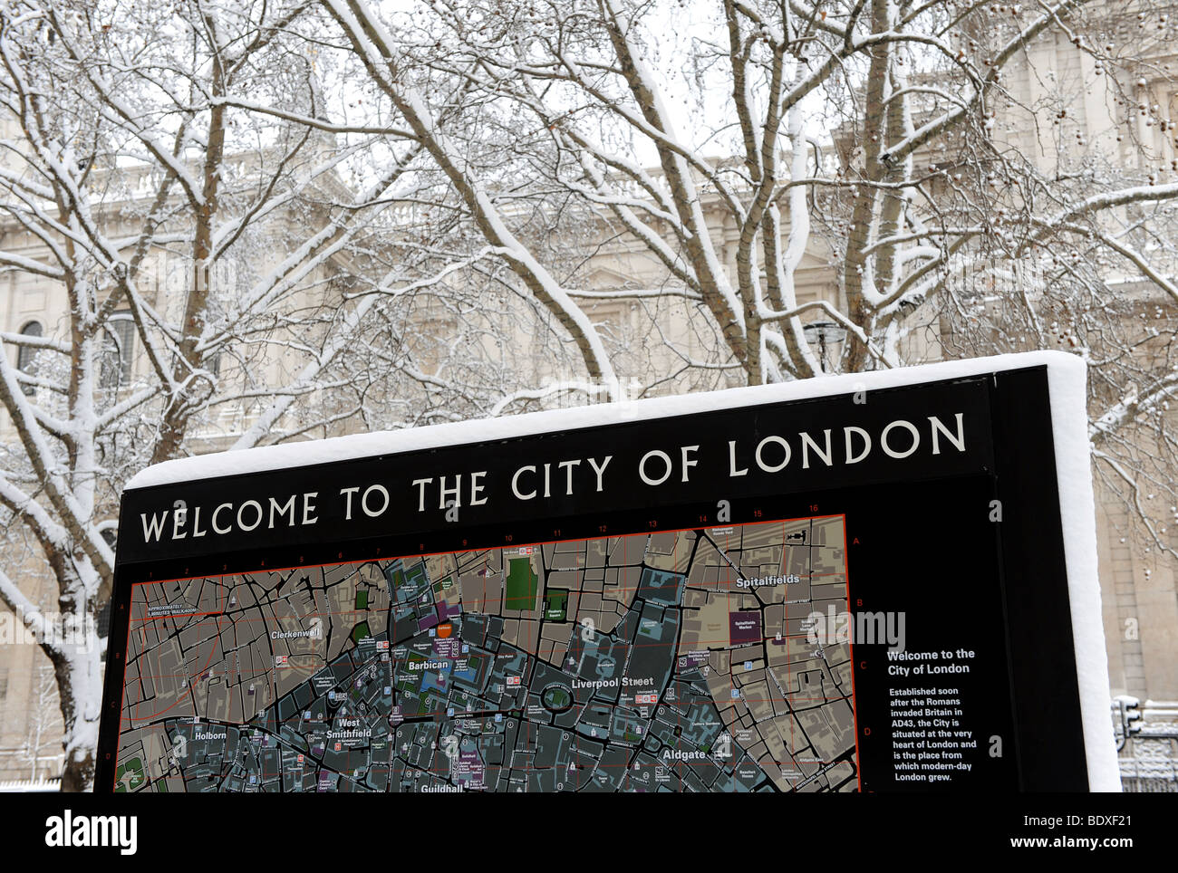 City of London map near St Paul's Cathedral, London, in the snow. Stock Photo