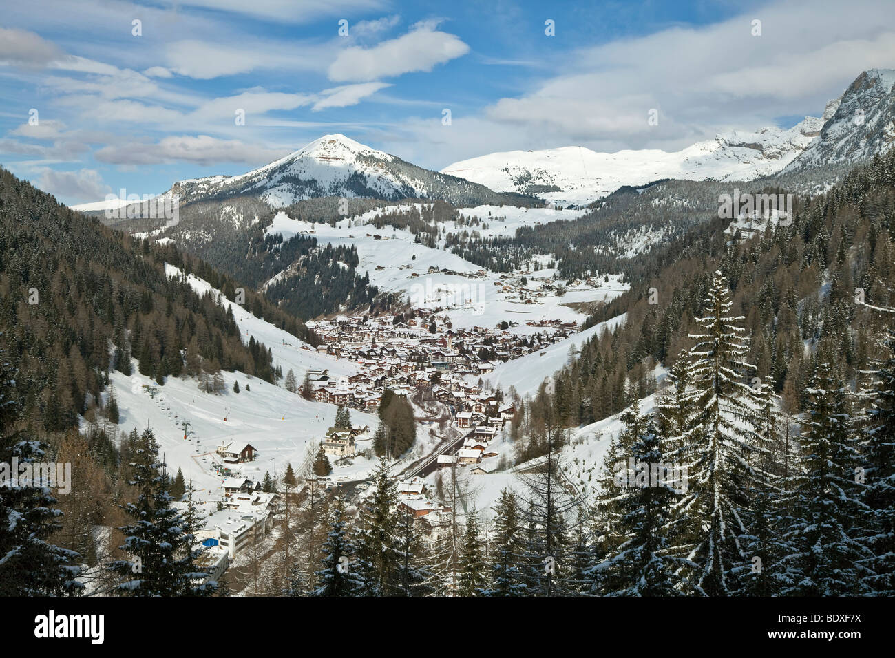 Selva Wolkenstein, Sella Ronda ski area, Val Gardena, Dolomites, South Tirol, Trentino Alto-Adige, Italy Stock Photo