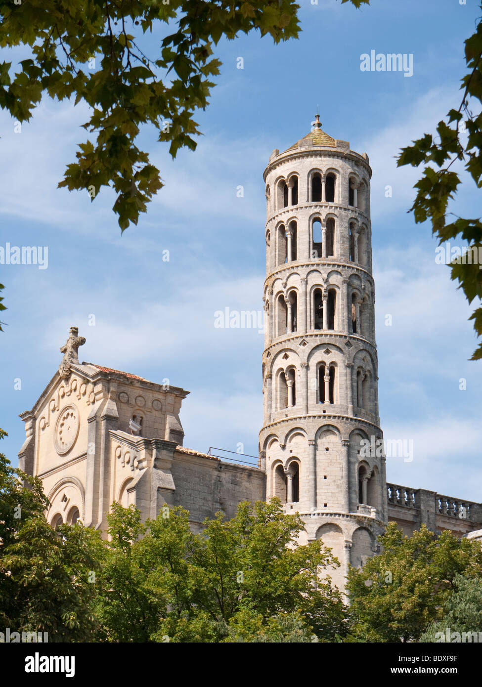 The Tour Fénestrelle, 42 meters high romanesque campanile of the St. Théodorit cathedral at Uzès, southern France. Stock Photo