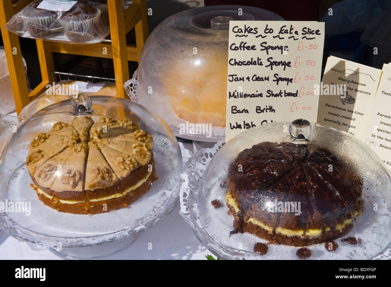 Cakes for sale at farmers market in UK Stock Photo