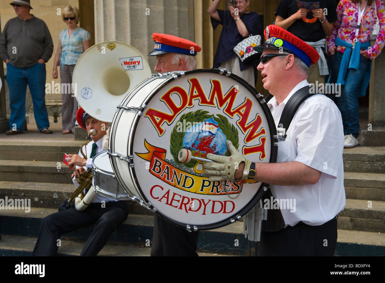Adamant Marching Jazz Band parade through the streets during Brecon Jazz Festival UK Stock Photo