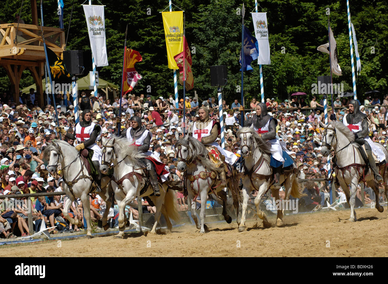 Crusaders riding horses, Knights' Tournament in Kaltenberg, Upper Bavaria, Bavaria, Germany, Europe Stock Photo
