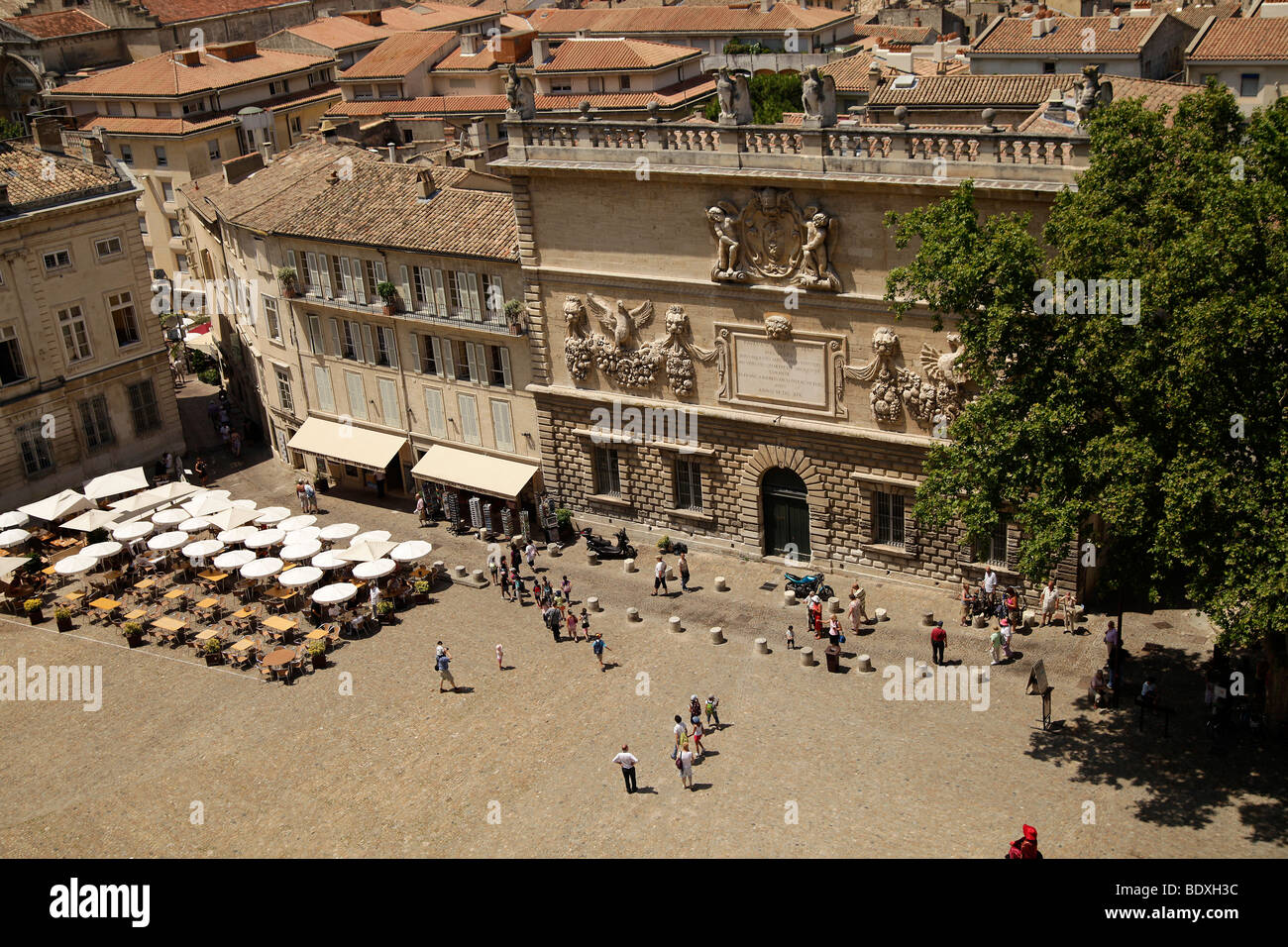 birds eye view of the square Place du Palais with Hotel des Monnaies in Avignon, Provence, France, Europe Stock Photo