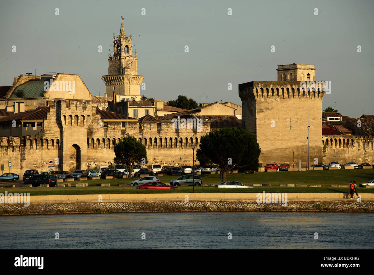 Cityscape with wall and clock tower in Avignon, Provence, France, Europe Stock Photo