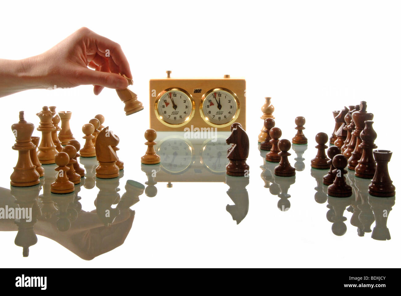 Female hand is playing chess, symbolic image for strategy Stock Photo ...