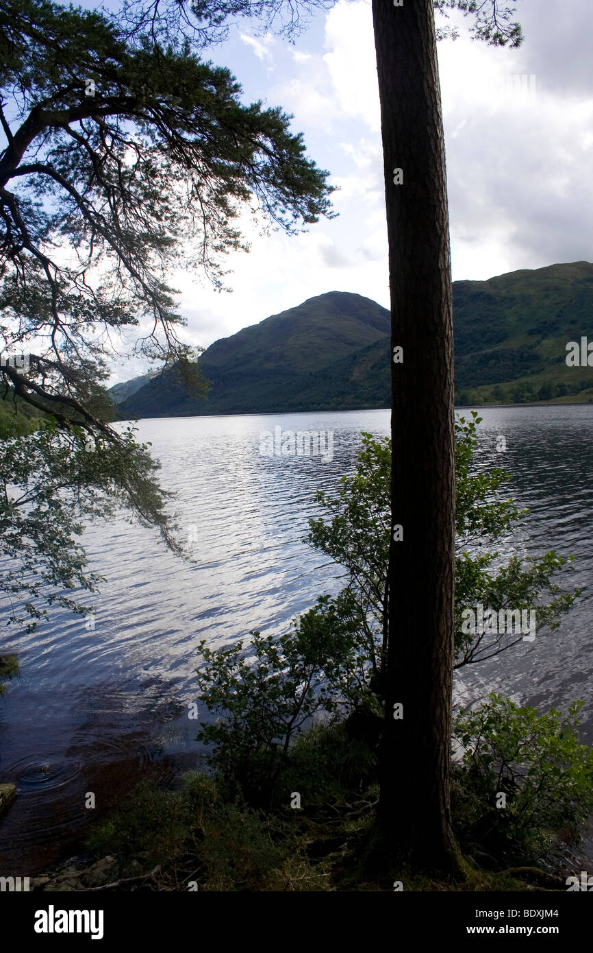 Over Looking a scottish  loch with mountains in the back Stock Photo