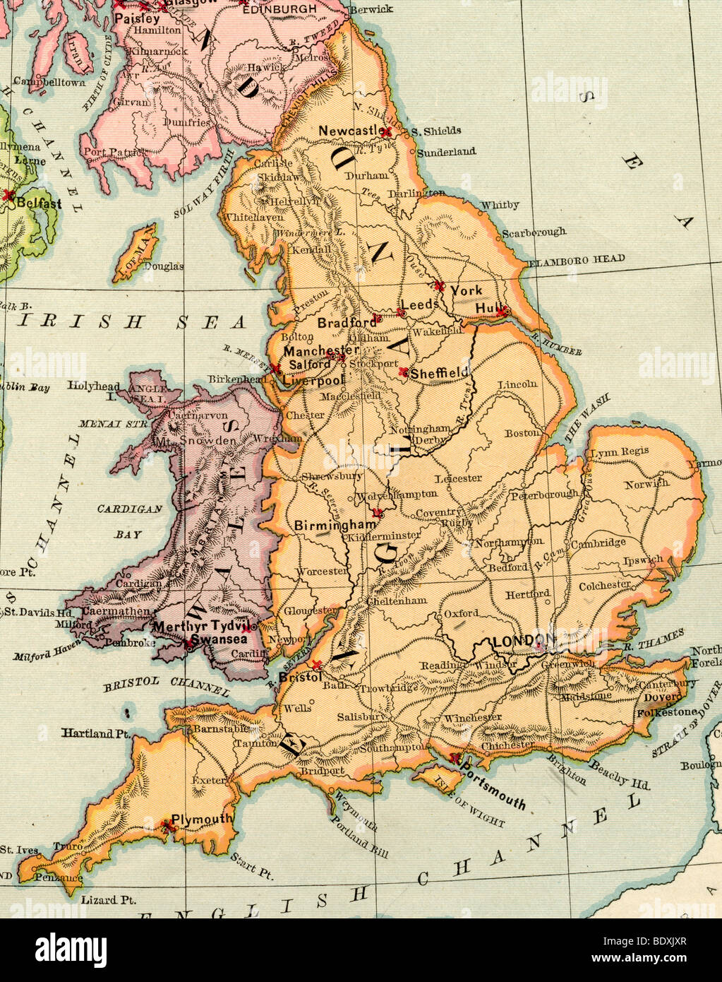 Original old map of England and Wales from 1875 geography textbook Stock Photo