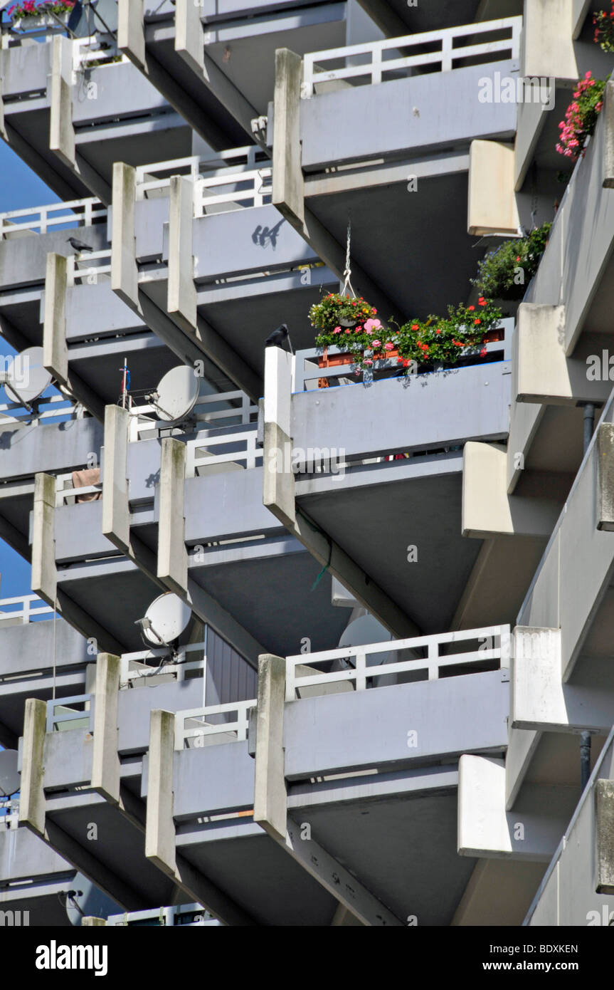 High-rise apartment building with balconies and satellite dishes, satellite town of Chorweiler in Cologne, North Rhine-Westphal Stock Photo