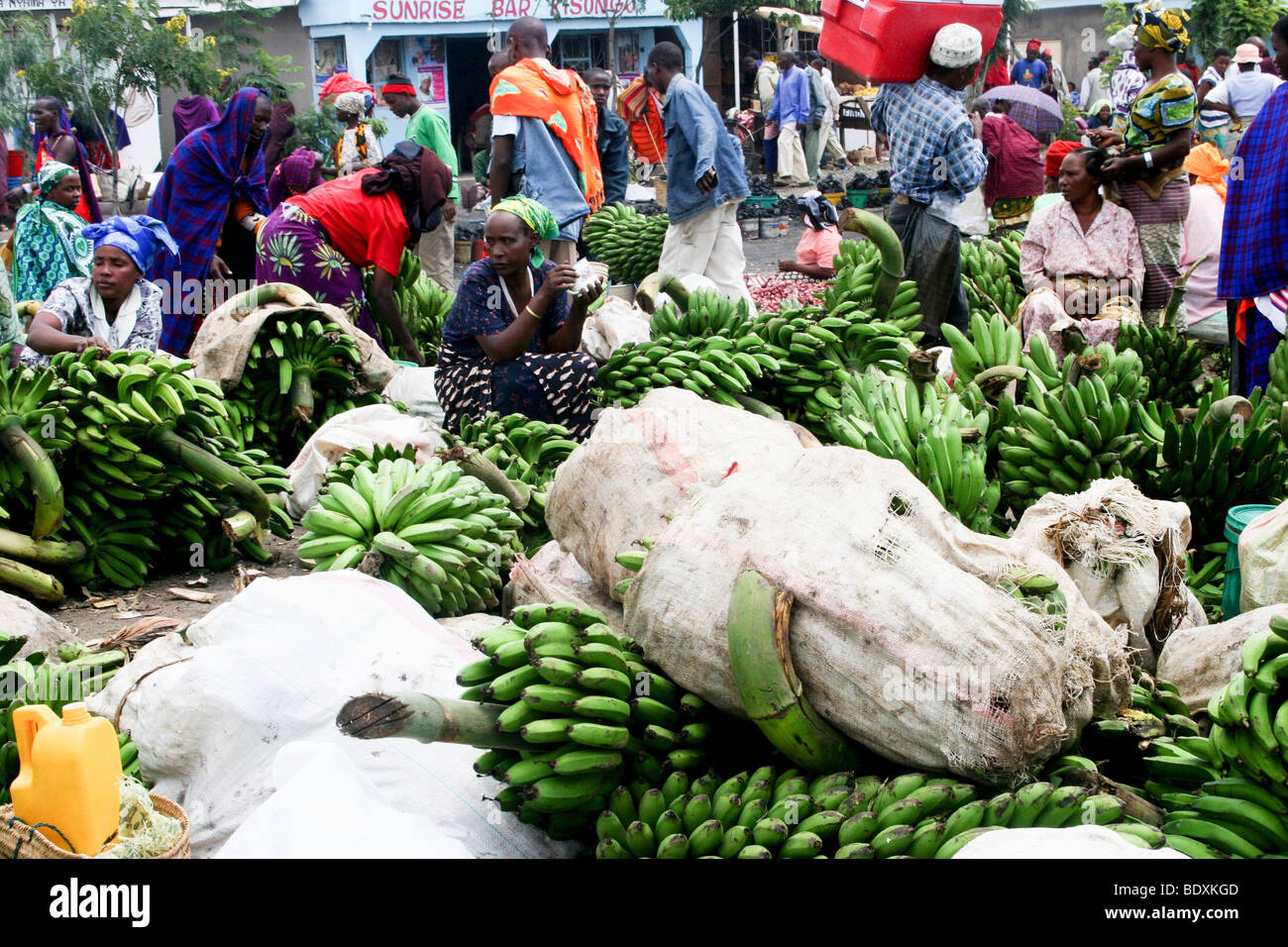 Africa, Tanzania, Frontier Market selling bananas The goods are placed on a blanket on the ground Stock Photo