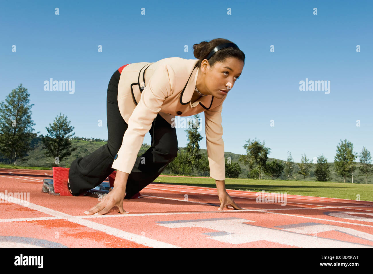 Businesswoman At Starting Blocks Stock Photo Alamy