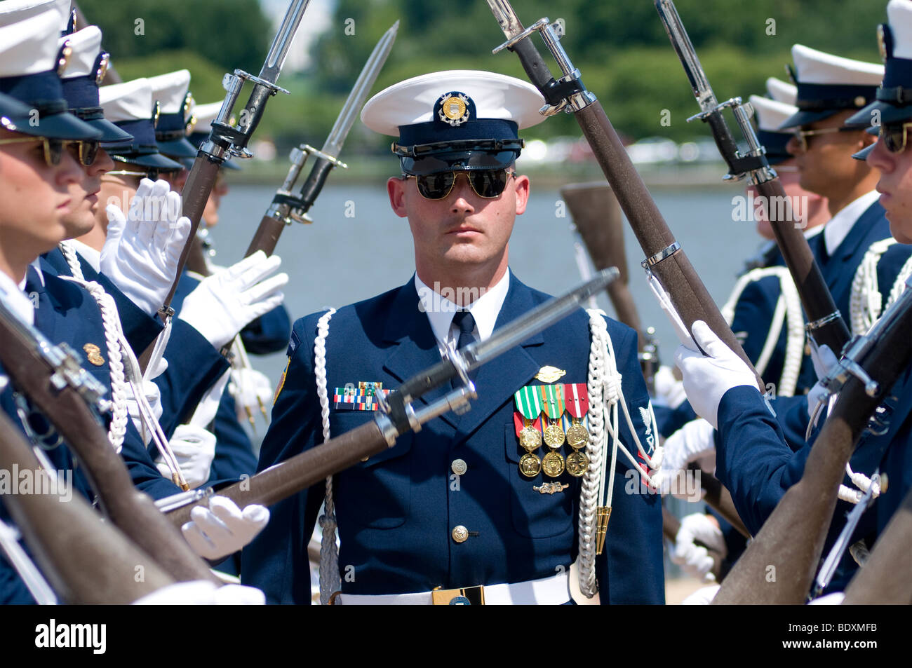 The US Coast Guard Silent Drill Team, part of the Honor Guard
