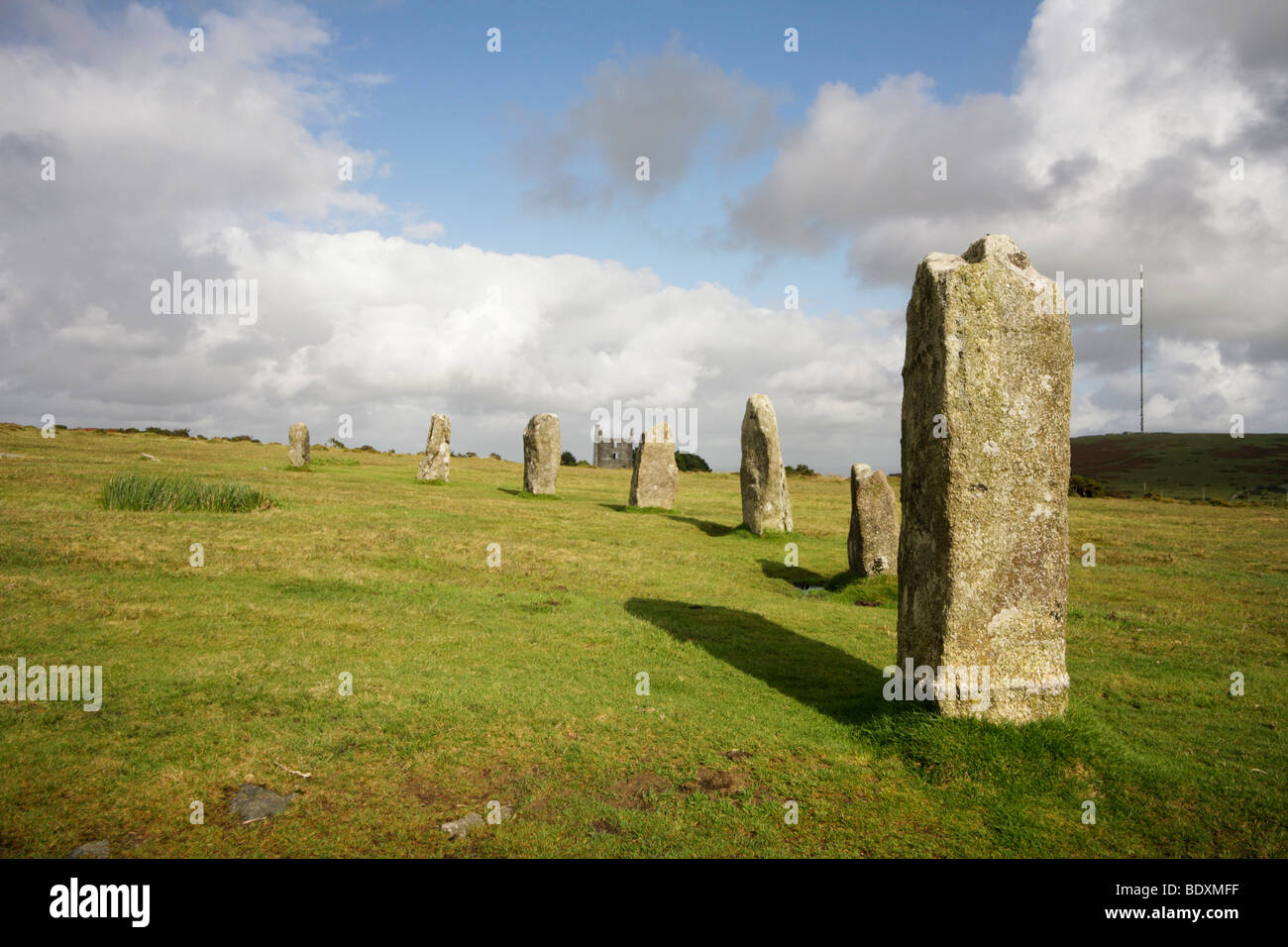 The Hurlers Stone Circle, Minions, with Caradon Hill in background, Cornwall, England Stock Photo