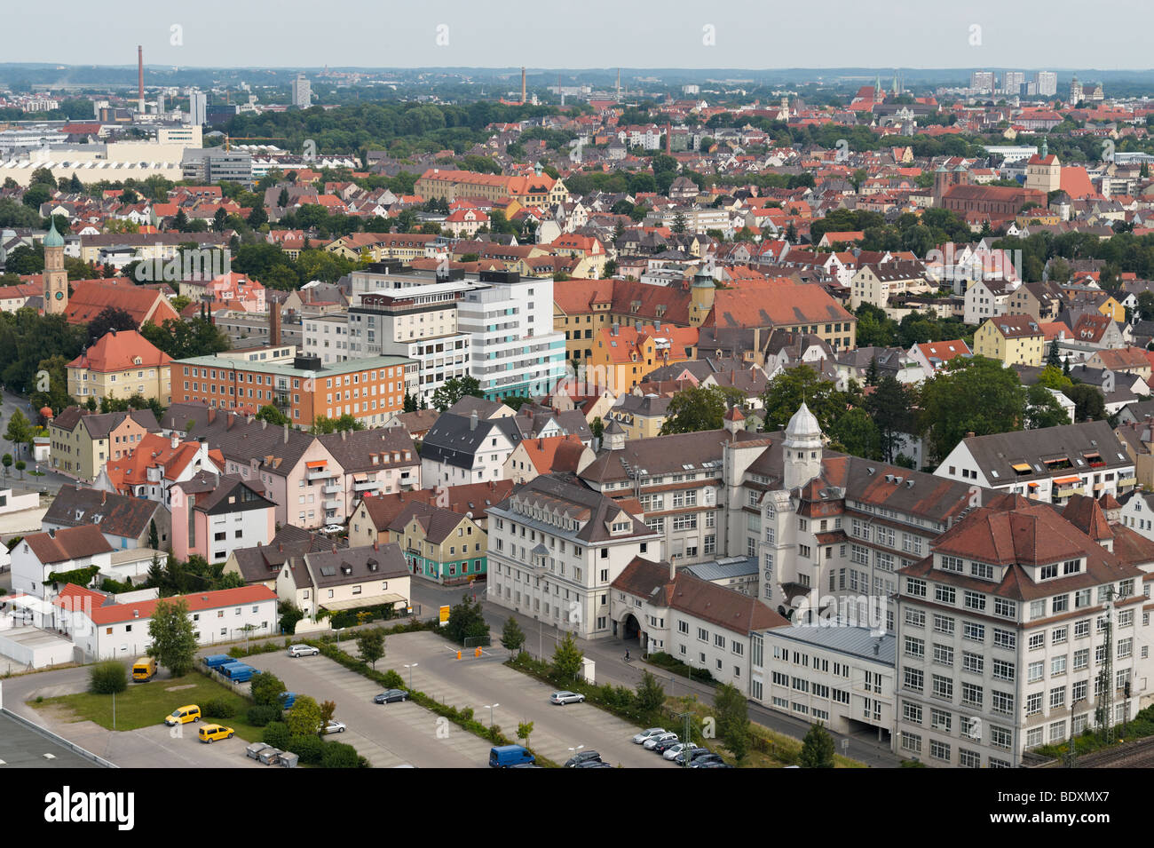View over Augsburg with the former boot factory Wessels in foreground, Augsburg, Swabia, Bavaria, Germany Stock Photo