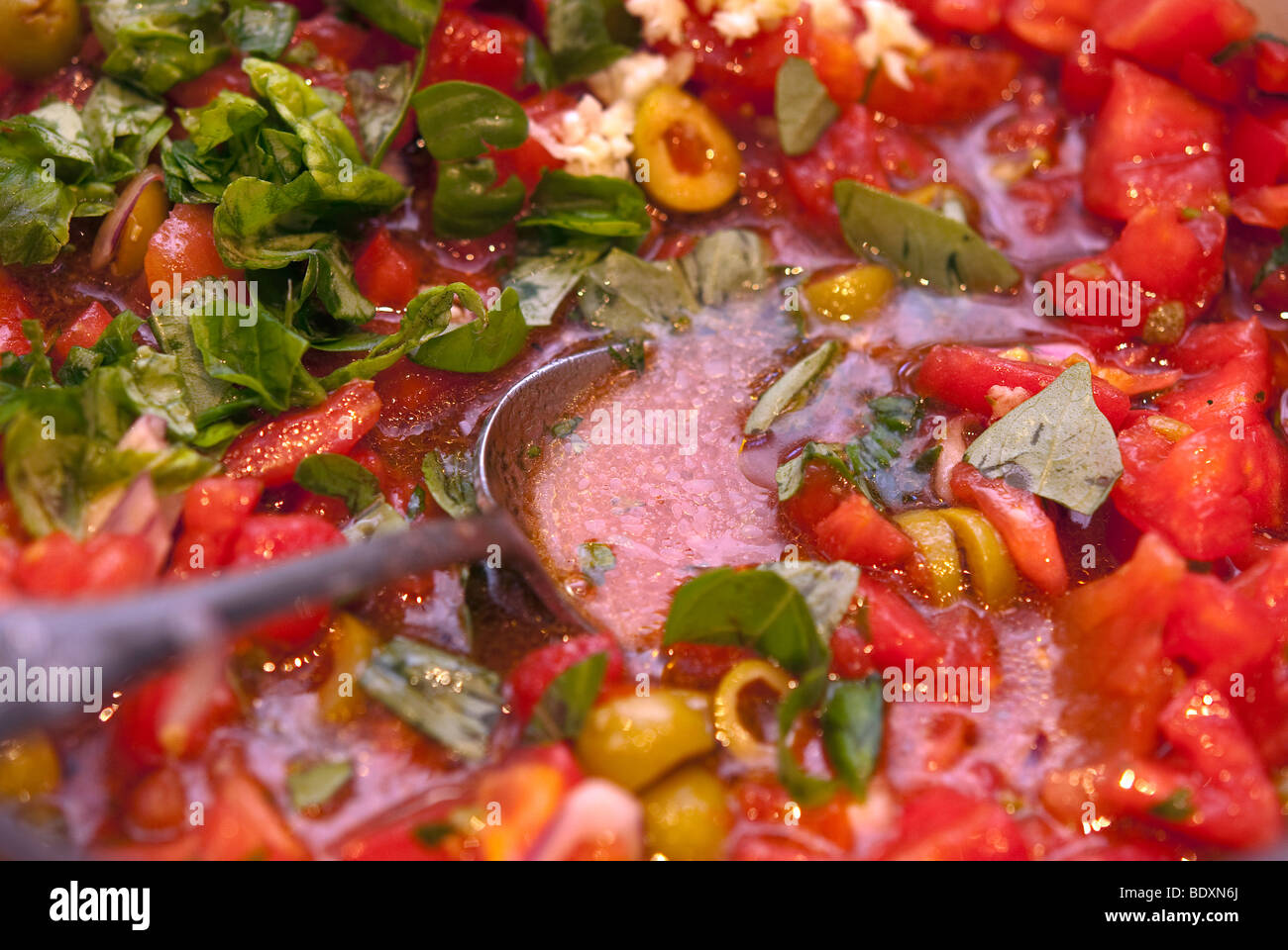 Freshly made Italian Tomato salsa Stock Photo Alamy