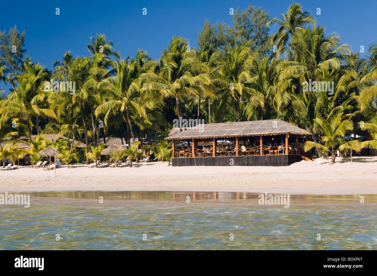 Restaurant on palm beach, Ngapali Beach, Thandwe, Rakhine Coast, Bay of Bengal, Burma, Myanmar, Asia Stock Photo