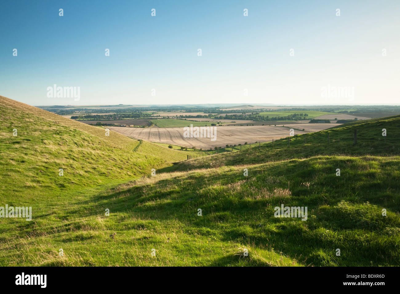 View of Valley below Pewsey Hills from the footpath to Tan Hill, Wiltshire, Uk Stock Photo