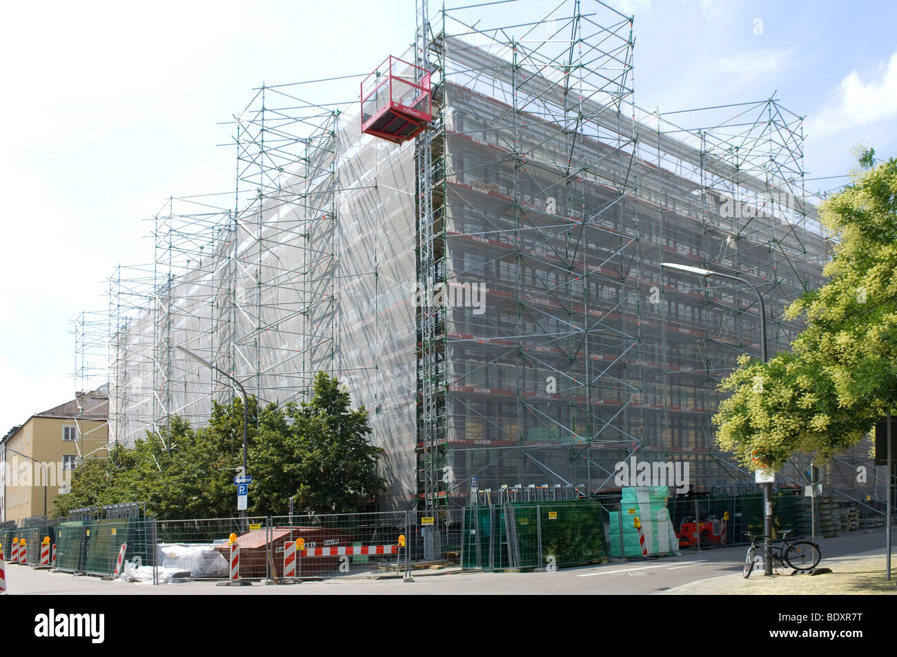 Construction site, scaffolded facade, Koeniginstrasse, Munich, Bavaria, Germany, Europe Stock Photo