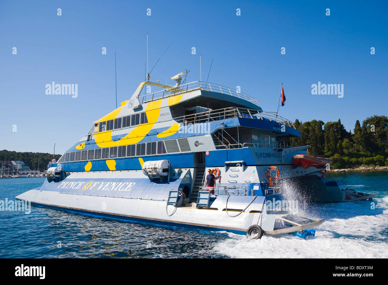 Prince of Venice catamaran in the southern harbour of Rovinj heading for Venice, Istria, Croatia, Europe Stock Photo