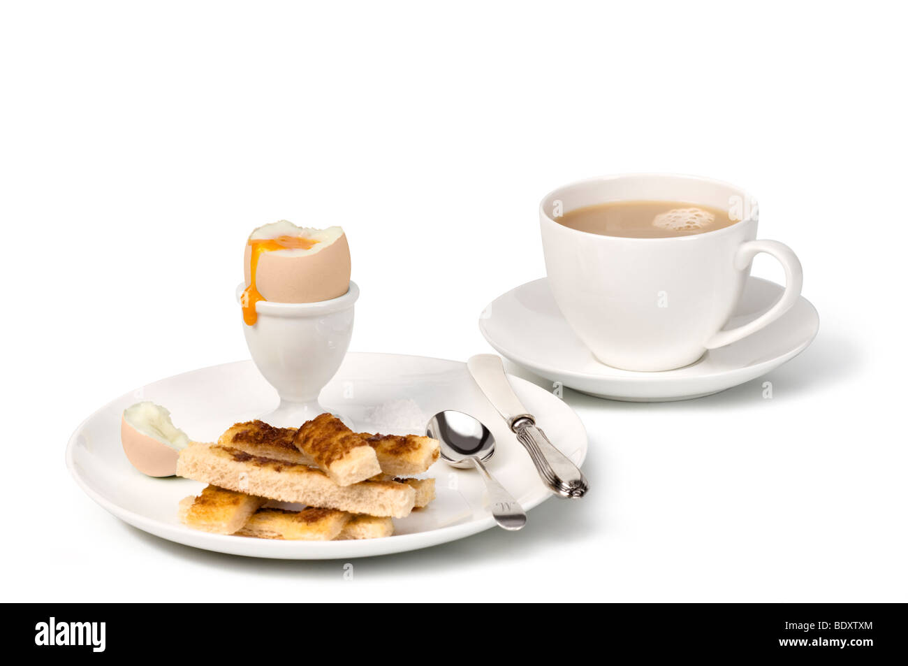 boiled egg and soldiers, with a cup of tea Stock Photo