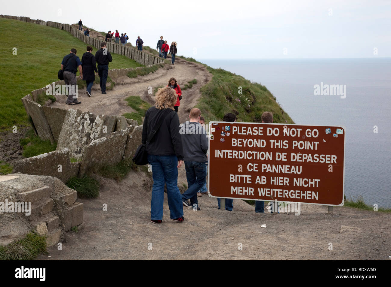cliff edge sign; moher; clare; ireland Stock Photo