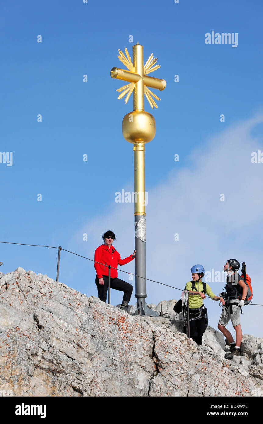Phew, visitors at the summit cross, Mt. Zugspitze, 2962 m, highest mountain in Germany, Bavaria-Tyrol, Germany, Europe Stock Photo