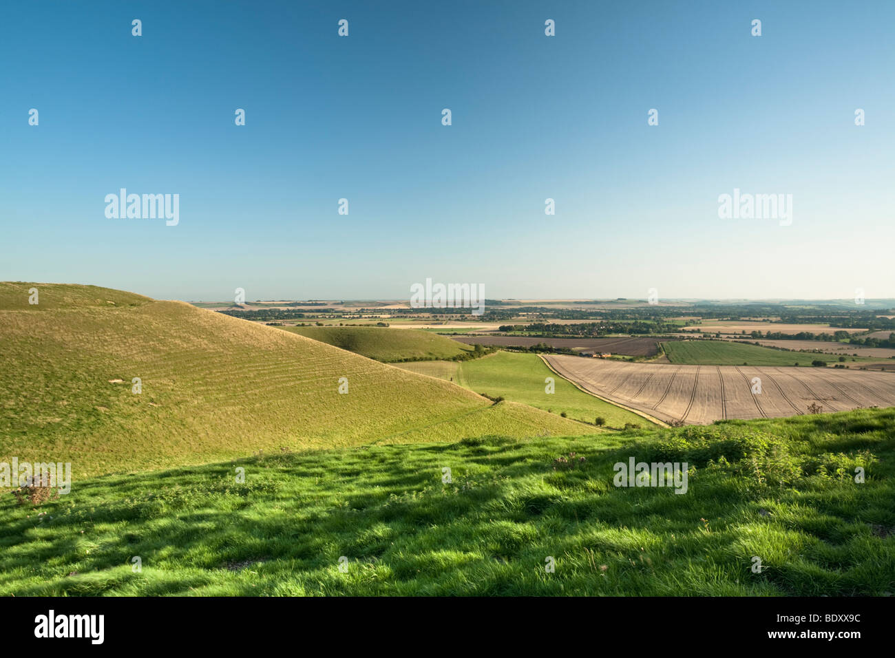 View of Valley below Pewsey Hills from the footpath to Tan Hill, Wiltshire, Uk Stock Photo