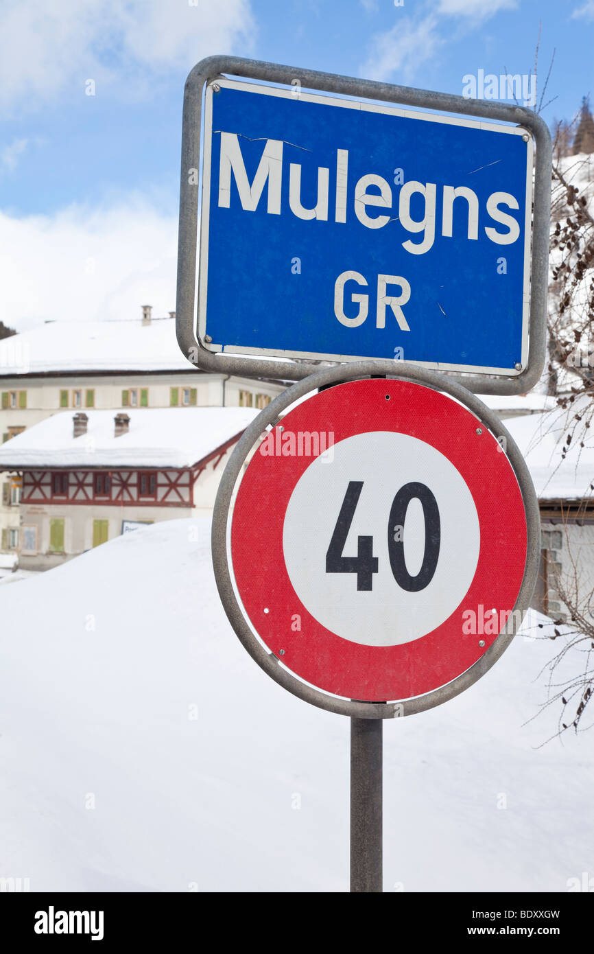 Winter snow in the village of Mulegns near St. Moritz, Graubunden region, Swiss Alps, Switzerland, Europe Stock Photo