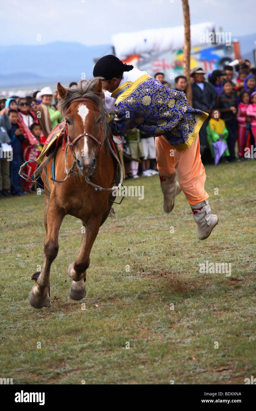 Acrobat on horse at Naadam Festival, Mongolia Stock Photo