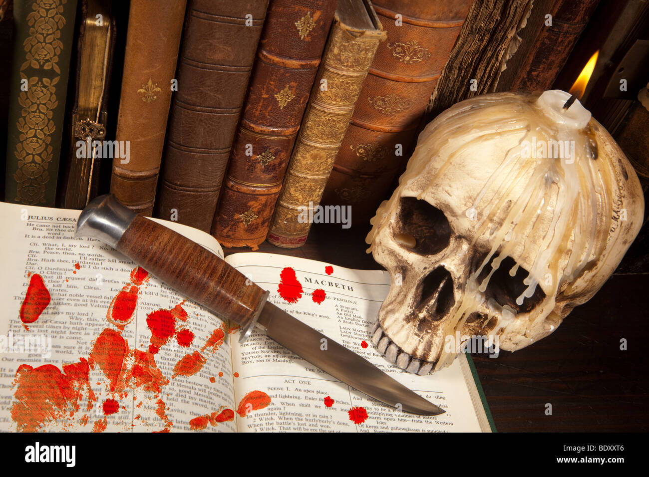 Shakespeare's Macbeth with old books and a dagger Stock Photo