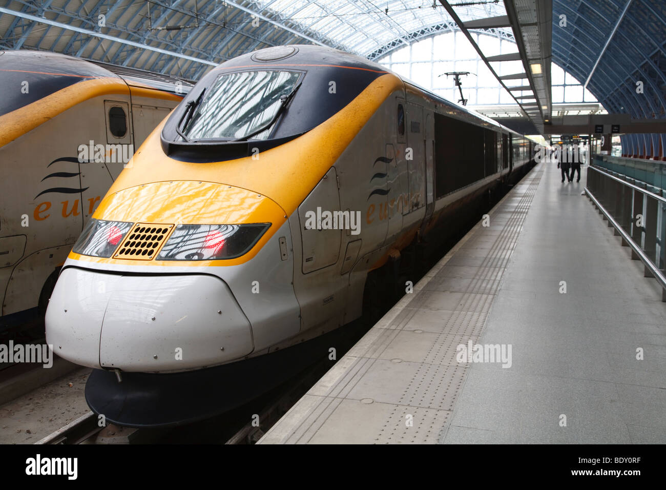 Eurostar trains stand on a platform at St Pancras International Station, London, England Stock Photo