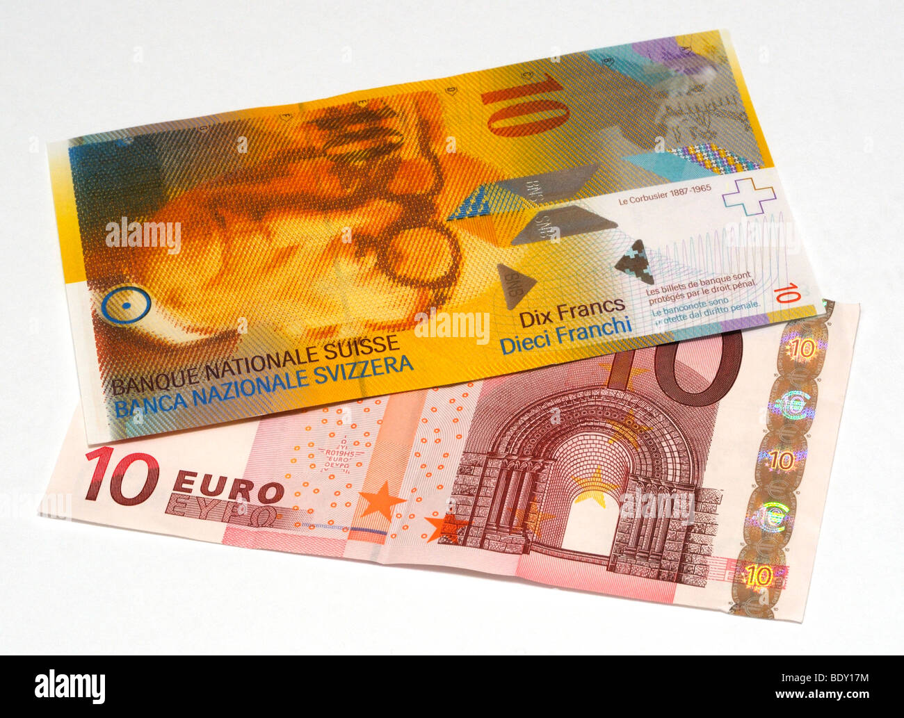 Europe Ten Euro Note And Swiss Ten Franc Bank Note Stock Photo Alamy