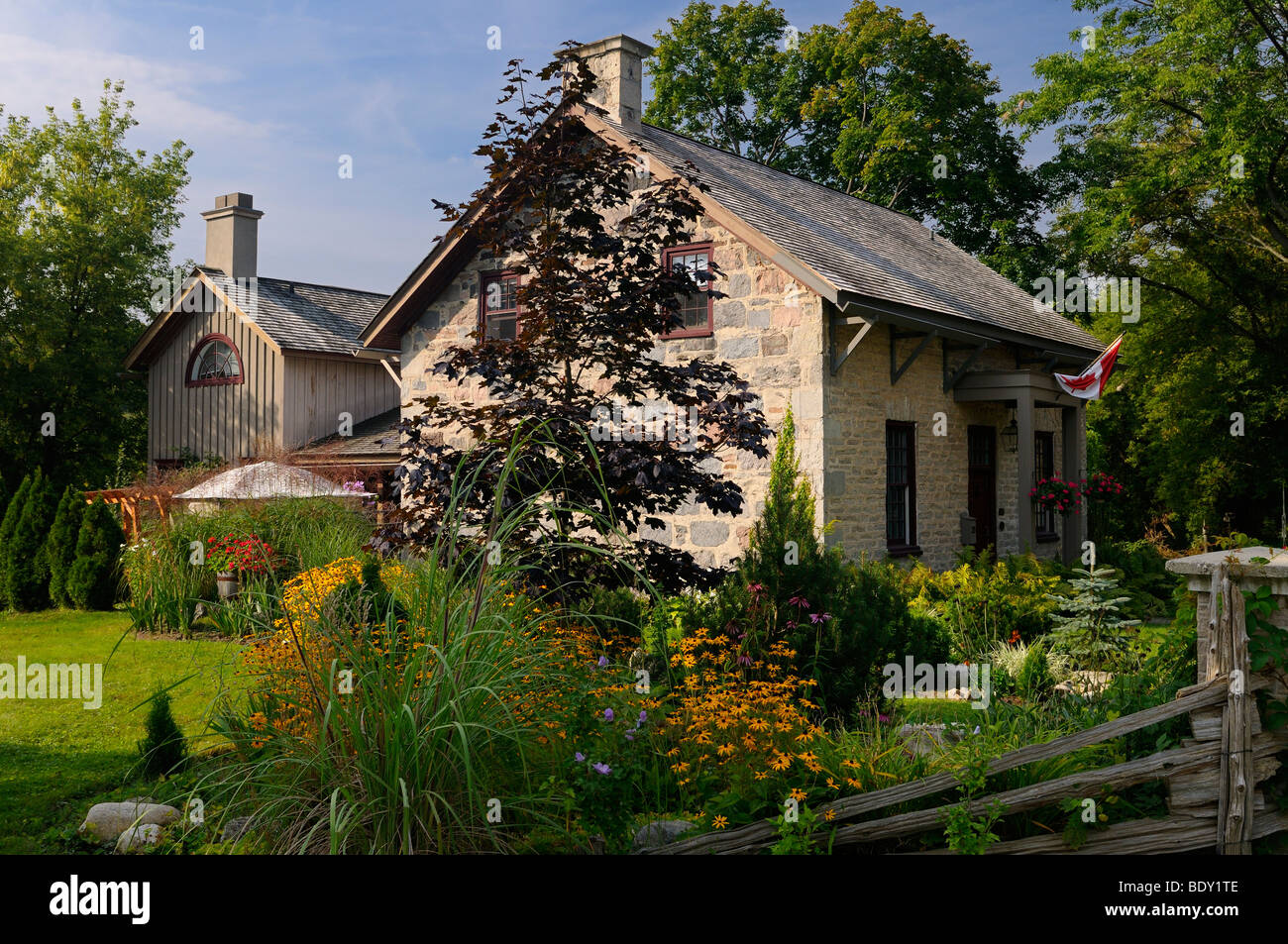 Historic heritage stone house with garden in Kitchener Ontario Canada Stock Photo