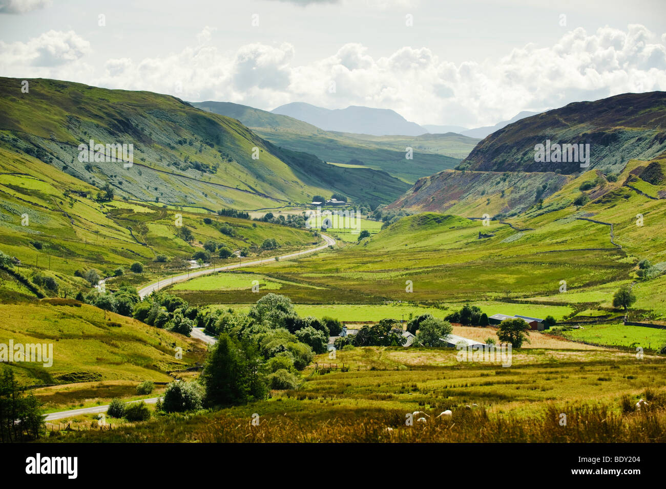 View looking down Cwm Prysor valley, snowdonia national park, gwynedd north wales, UK, summer afternoon Stock Photo