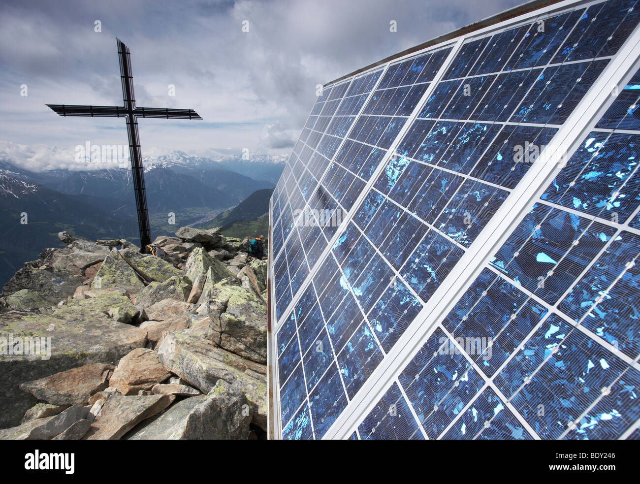 Solar panel and summit cross on the top of Bettmeralp, Valais Canton,  Switzerland, Europe Stock Photo - Alamy