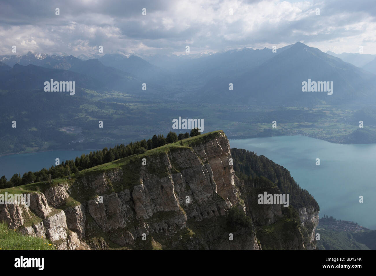 View of the mountain station at Niederhorn with Lake Thun and mountain range of the Bernese Alps, Canton of Bern, Switzerland,  Stock Photo