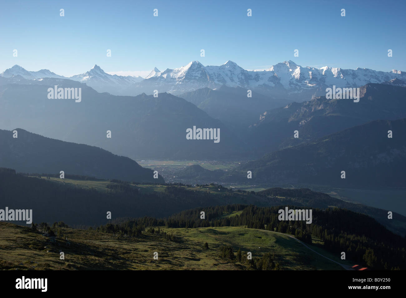 Mountain panorama, view from Niederhorn to Interlaken and the mountain range of the Bernese Alps with Eiger, Moench and Jungfra Stock Photo