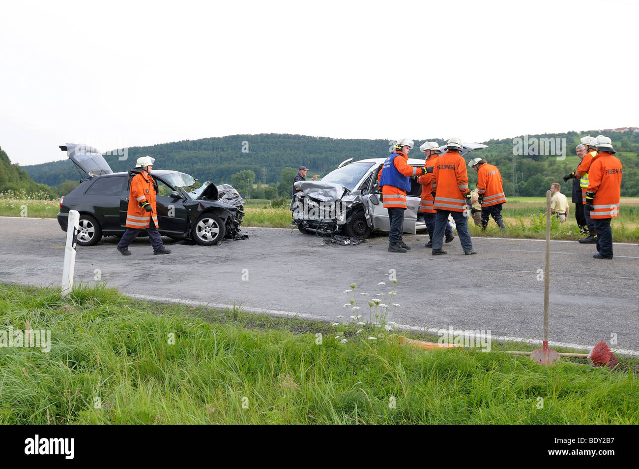 Couple was killed in traffic accident, head-on collision on the L 1184 road between Miedelsbach and Rudersberg, Baden-Wuerttemb Stock Photo