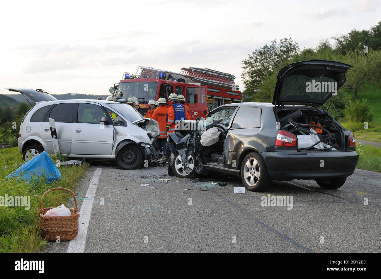 Couple was killed in traffic accident, head-on collision on the L 1184 road between Miedelsbach and Rudersberg, Baden-Wuerttemb Stock Photo