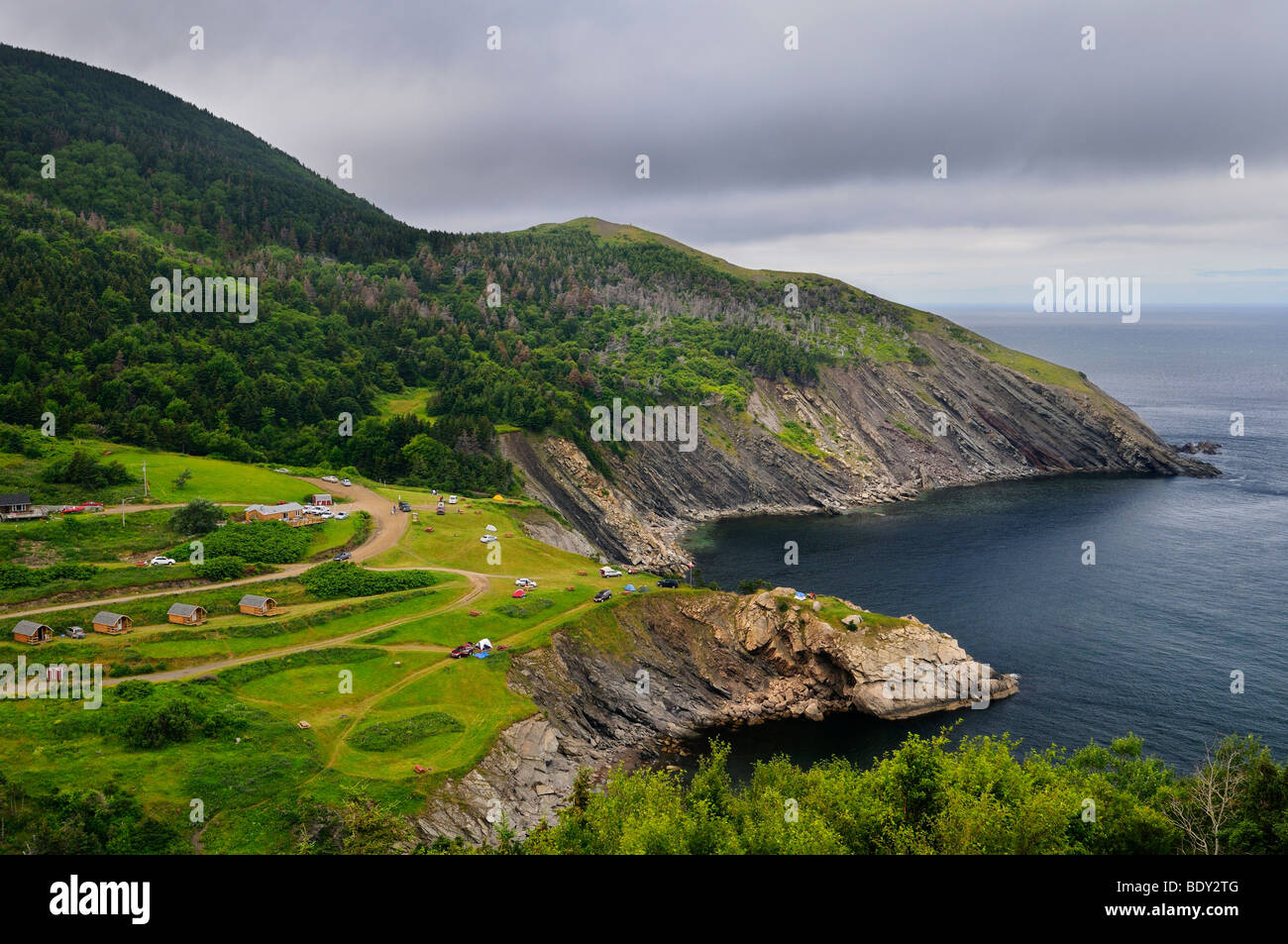 Meat Cove campgrounds and sea cliffs at the north tip of Cape Breton Island Nova Scotia Canada Stock Photo