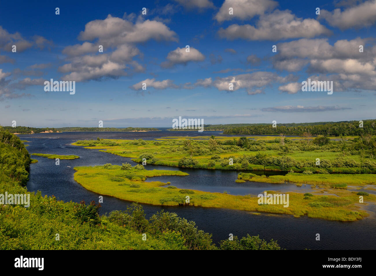 Salt marsh on North Aspy River at North Harbour Asby Bay Cape Breton Nova Scotia Island Atlantic Ocean Stock Photo