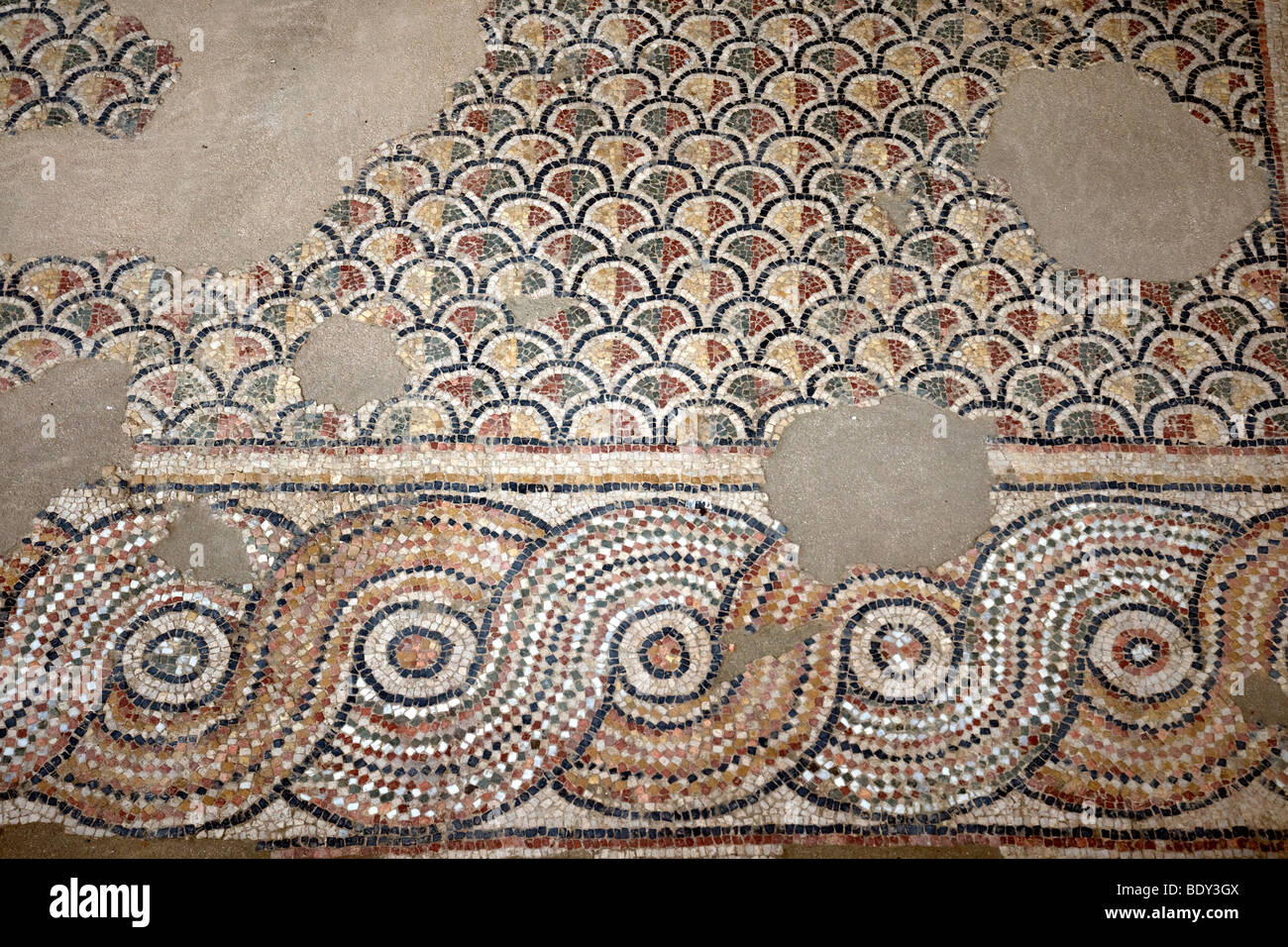 Ruins of a 4th-5th century Gallo-Roman villa in Séviac in France's Gers include some 30 polychrome mosaics in different patterns Stock Photo